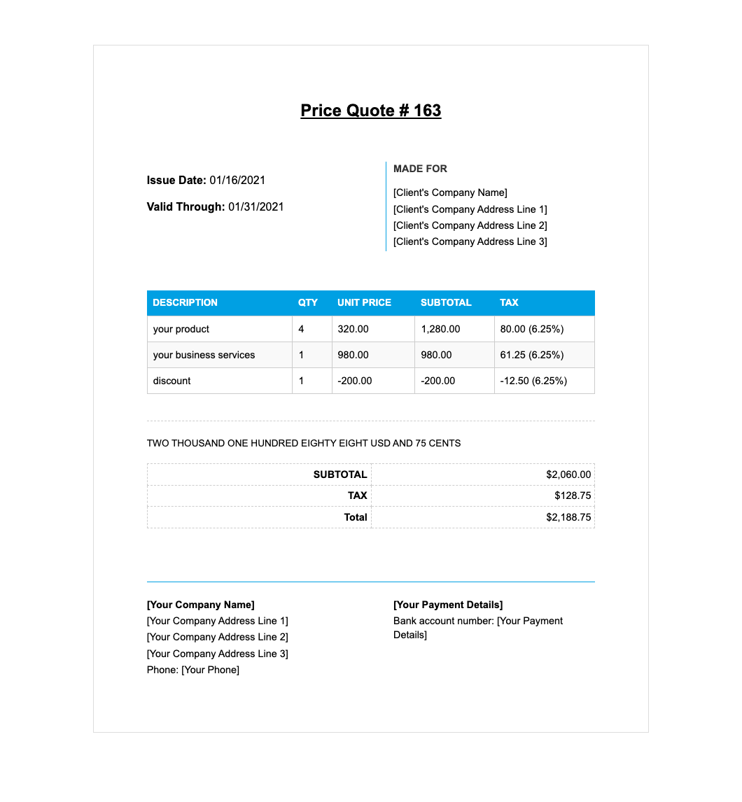 business quote template - Professional price quote template with itemized pricing, tax calculations, and company branding for client proposals.
